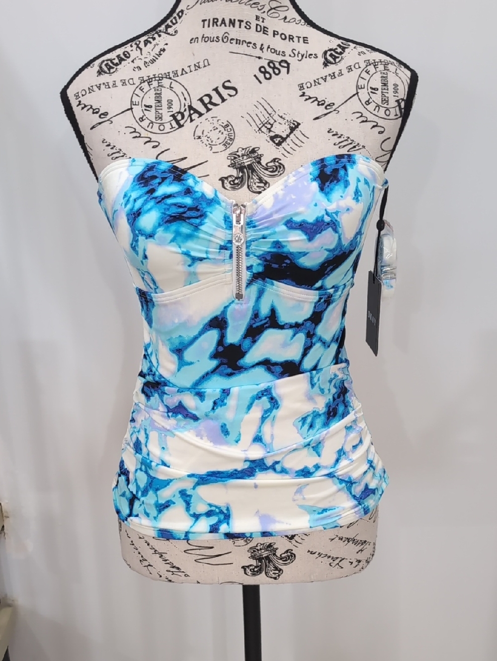 DKNY | Women's White/Blue Quartz Strapless Tank Bikini Top